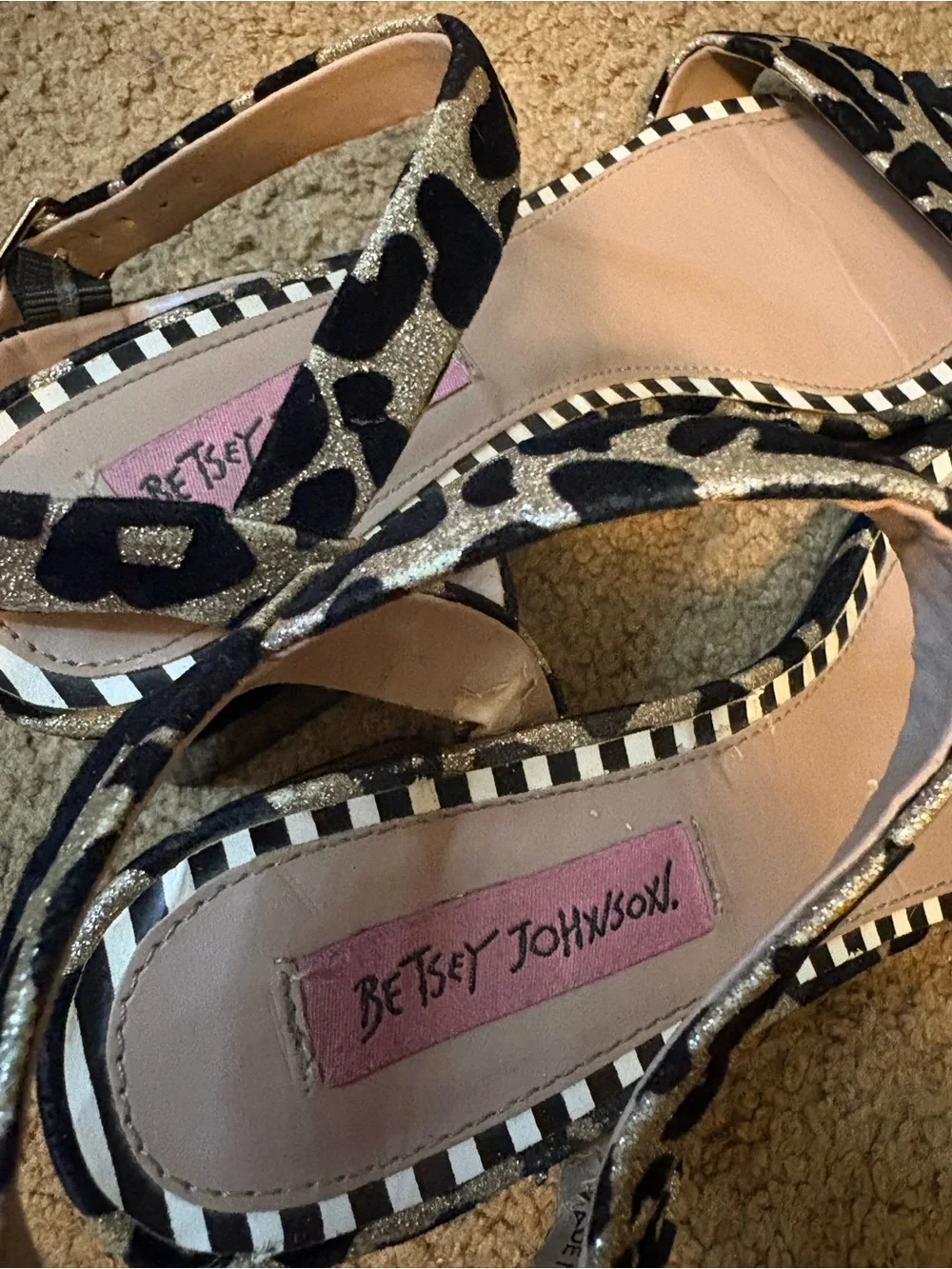 Betsey Johnson Black and Gold Leopard Print Block Heel Sandals